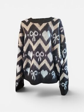 Pink Lily - Black & Cream Heart Bow Pattern Crewneck Sweater
